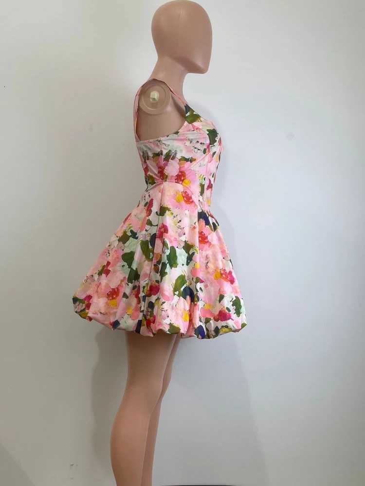 Beyprern Stylish U Neck Floral Bubble Hem Mini Dress Summer Sundress Chic Womens Sleeveless Flower Short Dress Vacation Outfits X260306