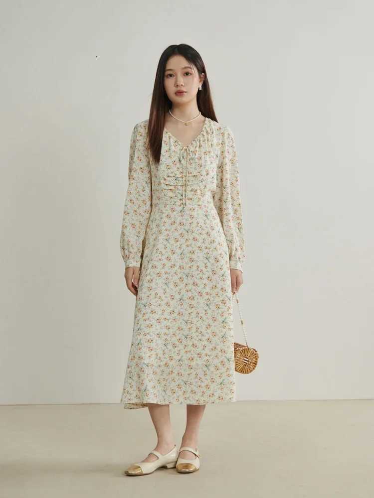 DUSHU Spring New Women Floral Chiffon Long Dress Lace-up V-Neck Design Female Print A-LINE Dresses 24DS8115324DS82765 X260306