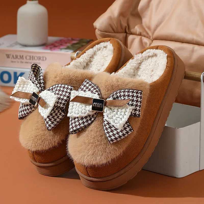 Winter Warm Slippers for Women Cute bow House Non Slip Soft Shoes Comfort Flat Heel Home Indoor Bedroom Plush Slippers S260305