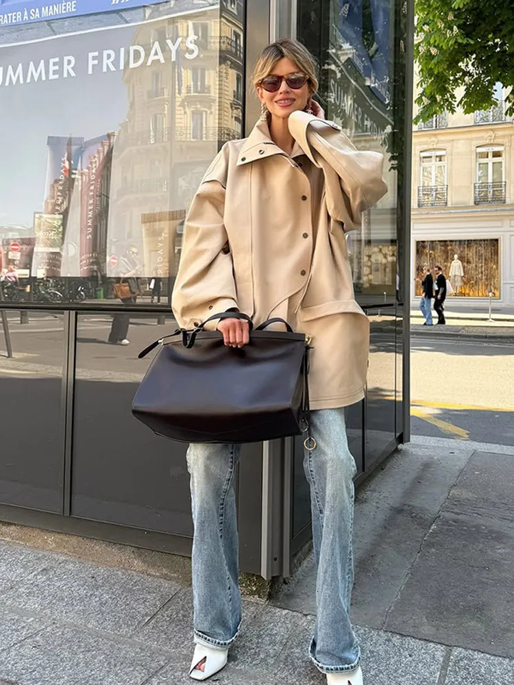 Women Buttons Waist Cinching Windbreaker Solid High Neck Long Sleeve Singlebreasted Trench Coat Lady Autumn Street Outerwear 260228