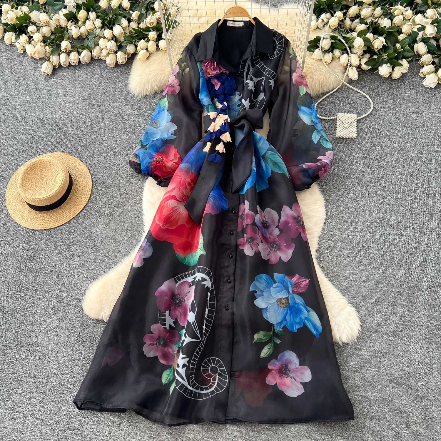 French Style Retro Court Style Print Puffed Sleeves Dress Womens Autumn Tie Strap Waist-cinching Design Long Evening Dress 2025 X260306