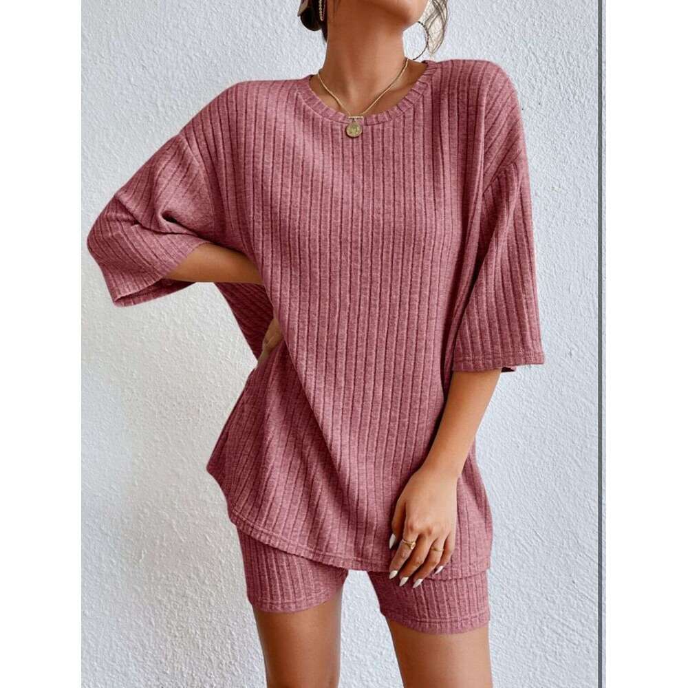 New European and American 2026 fashion casual solid Designer color spring round-neck loose women's shorts set