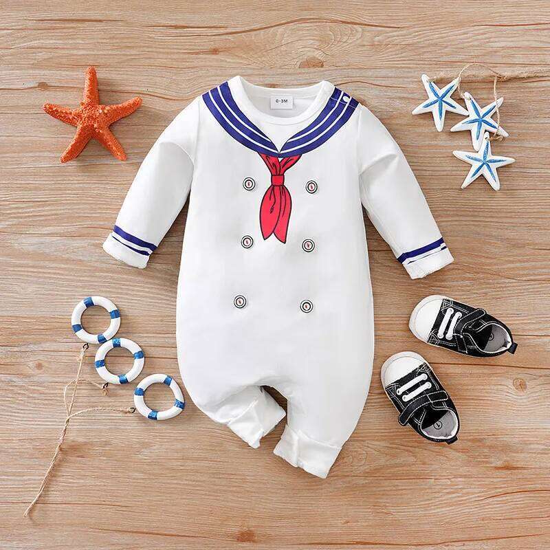 Newborn Clothes Cute Cartoon Navy Dress Comfortable Soft 0-18 Boys Girls Spring And Autumn Long Sleeved Baby Jumpsuit Z260306