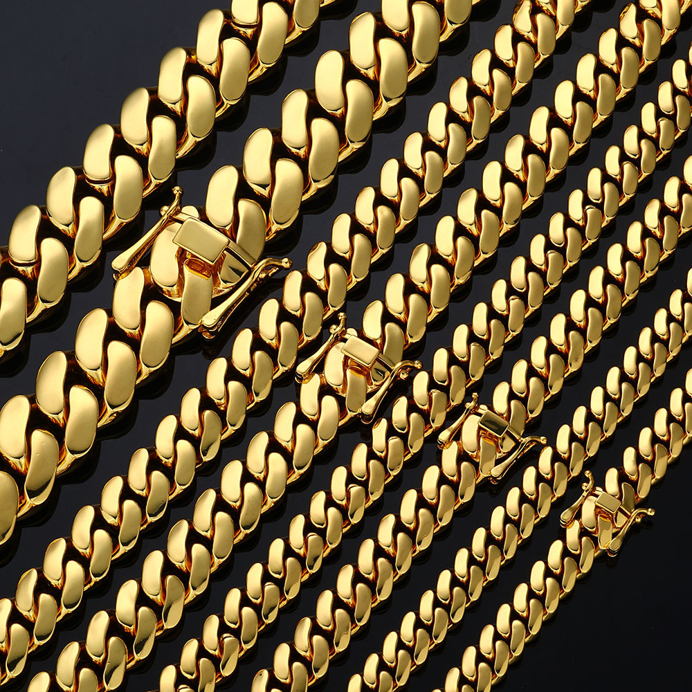 10mm-22mm Hip Hop Smooth Cuban Chain Necklace Bracelets Gold Plated Mens Jewelry Set