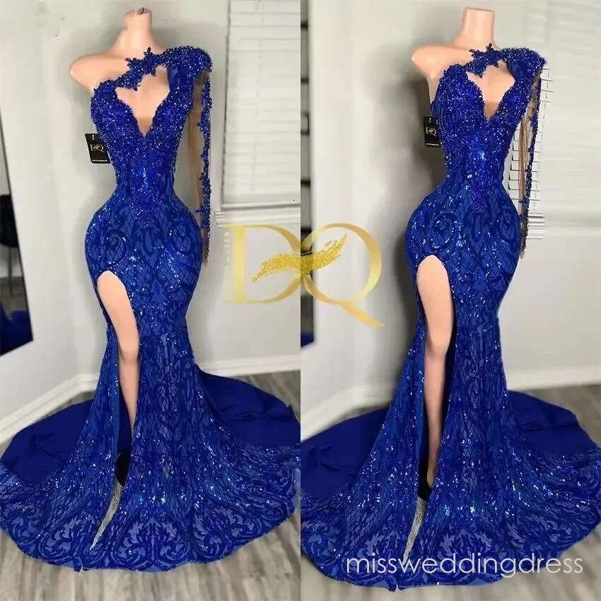 Glitter Royal Blue Mermaid Prom Dress Beading 2026 One Shoulder Senior Party Vestidos Birthday Gowns