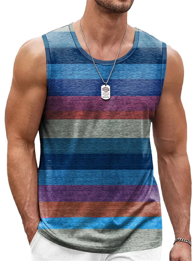 Retro Striped Graphic Tank Tops For Men Fashion Casual Summer Sleeveless 3D Printed Vest Loose Crew Neck Quick Dry Sports Tees 260306