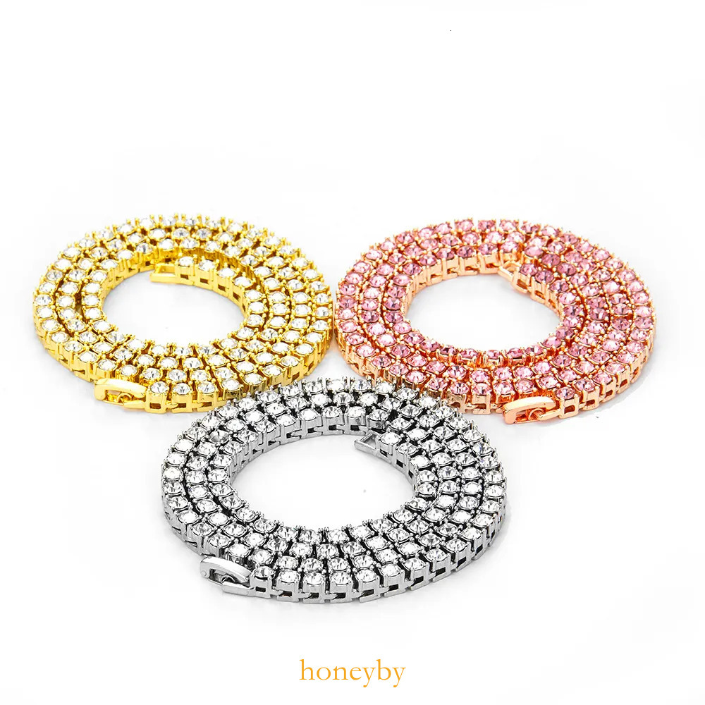 3/4/5mm Tennis Chains, Luxury Iced Out Single Row Necklaces, Rose Gold Silver Pink Women Men Fashion Round Diamond Rhinestone Bling Hip Hop Jewelry Br