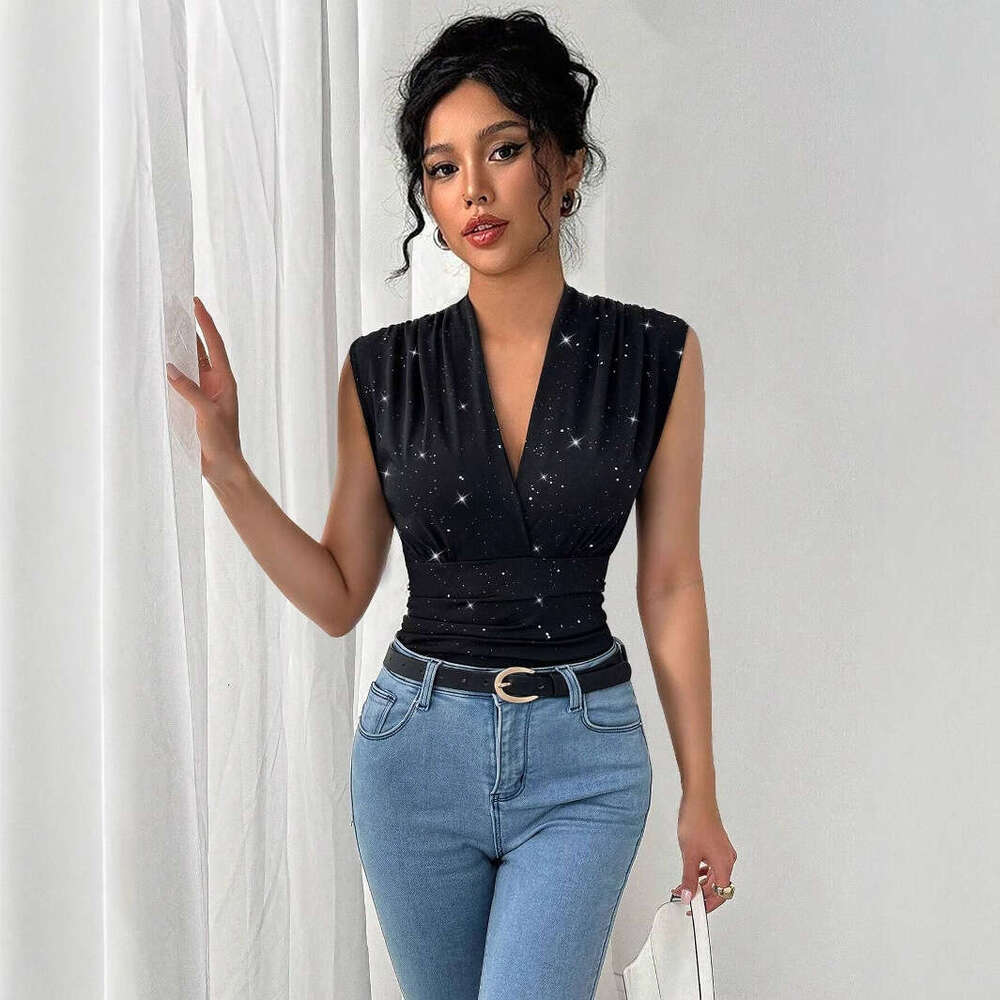European and American cross-border independent website 2026 summer new women's V-neck sleeveless top with shiny sequin decoration