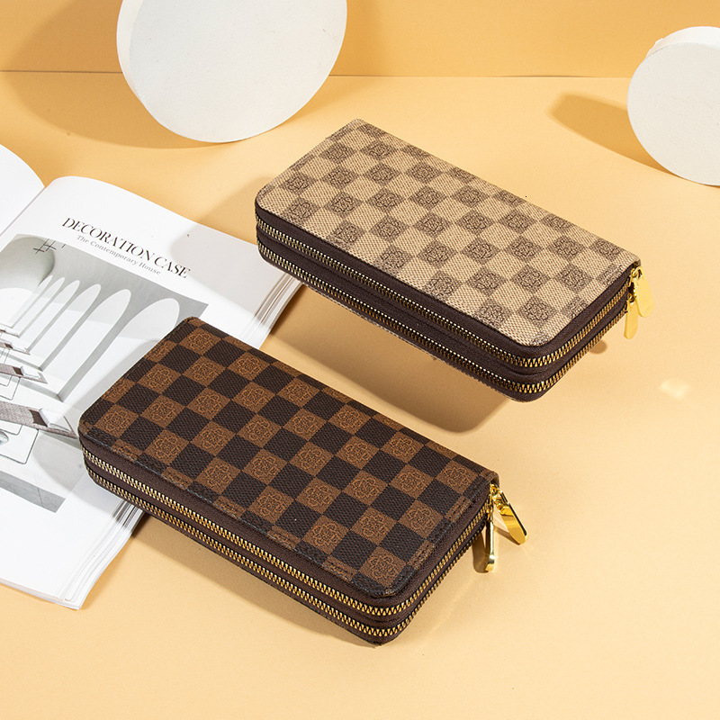 2026 Luxury Handbag Wallet Women New Retro Trendy Printed Checkerboard Large Capacity Clutch Double Zipper Phone Bag