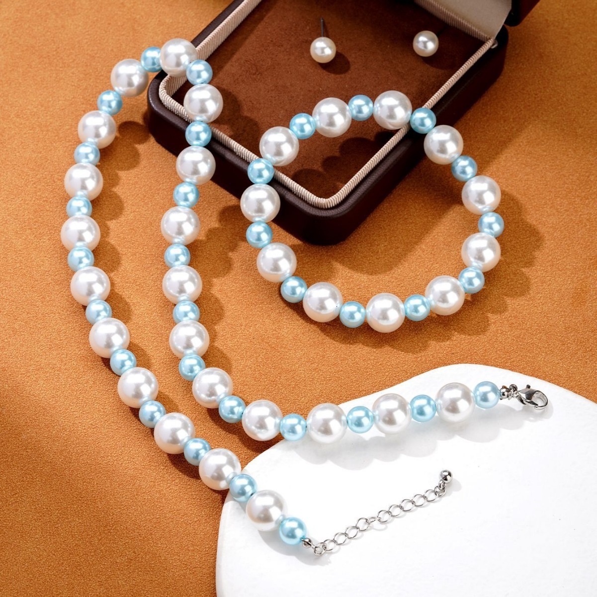 European And American Ocean-Style Lake Blue Pearl Beaded Summer Forest-Style Seaside Vacation Three-Piece Set For Women