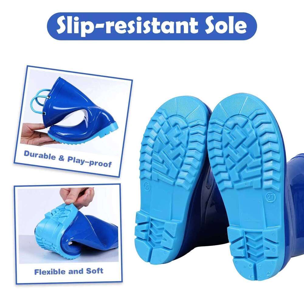 Litfun 2025 New Children Waterproof Non-slip Kids Rubber Boots With Easy-On Handles Soft Sole Unisex Rain Shoes