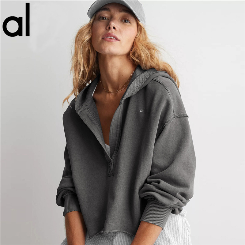 Women Hoodie Spring European and American Style Loose Fit Yoga Sweater V-neck Long Sleeve Top Drop Shoulder Knit Jacket -alosnessities