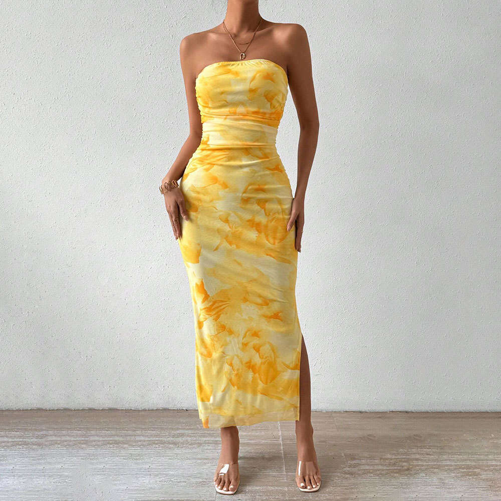 Cross-Border Women's TK Mesh Printed 2026 Spring Summer New High Waist Slim Fit Slit Tube Top Bodycon Dress