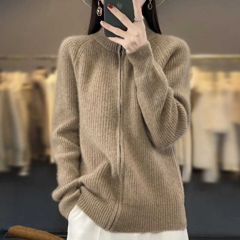 100 Pure Wool Zipper Cardigan Padded Shoulder Stand Collar Womens Cashmere Knitted Coat New Lapel Sweater M260306