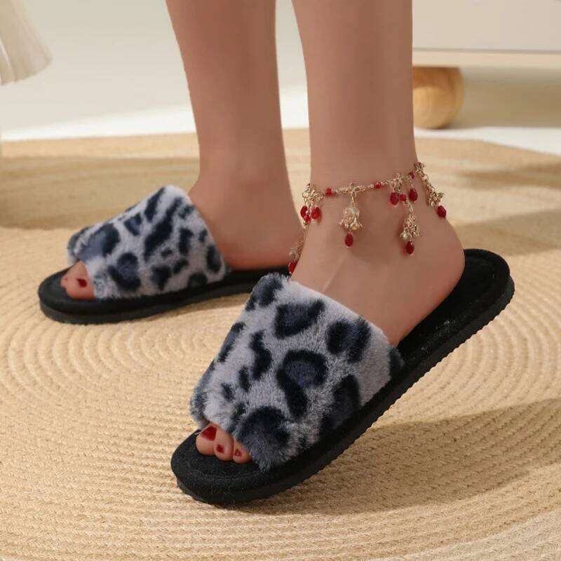 Warm Fluffy Furry Slippers Women Lightweight Flat Heels Fur Slides Woman Autumn Winter Open Toe Non Slip Home Floor Shoes