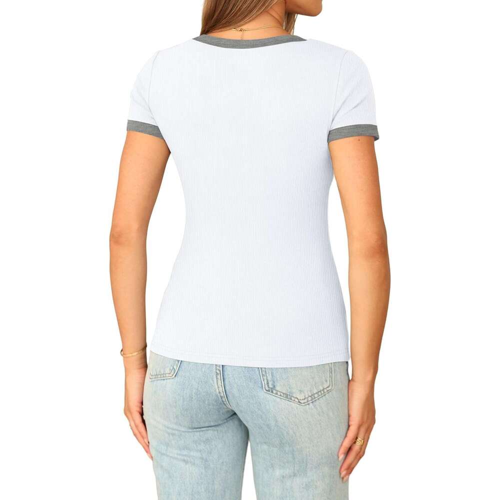 Short Sleeve Designer Shirts for Women V Neck Summer Ribbed Tshirts 2026 Slim Fit Spring Fashion Going Out Basic Tees