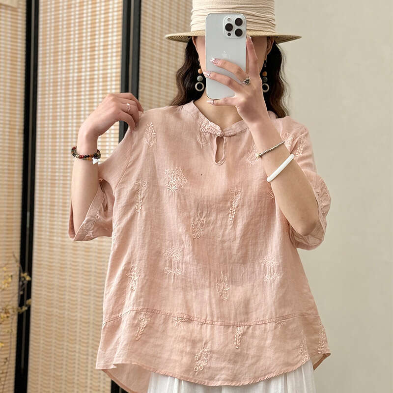 Summer women's casual loose jacquard linen shirt women's new Chinese short sleeved summer women's versatile top