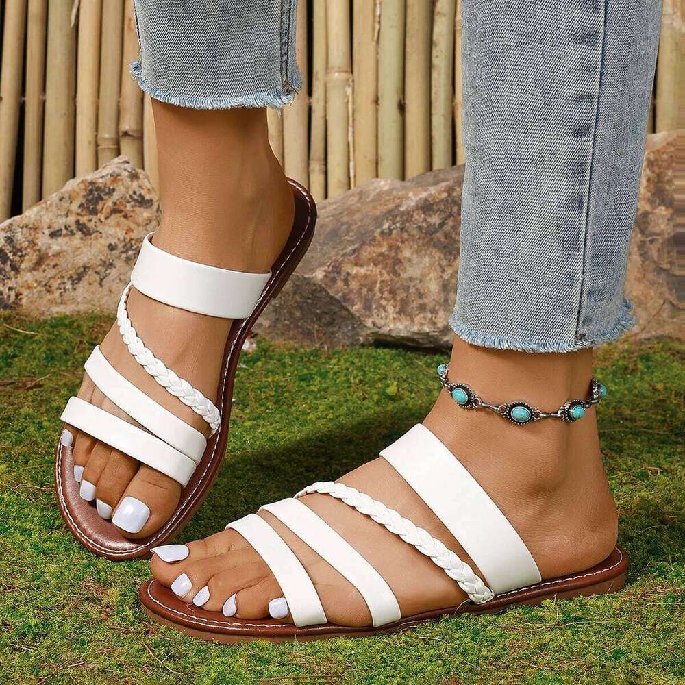 2025 Ladies Summer Solid Colour Simple Retro Ankle Strap Round Head Flat Bottom Plus Size Roman Shoes Comfyfor Women