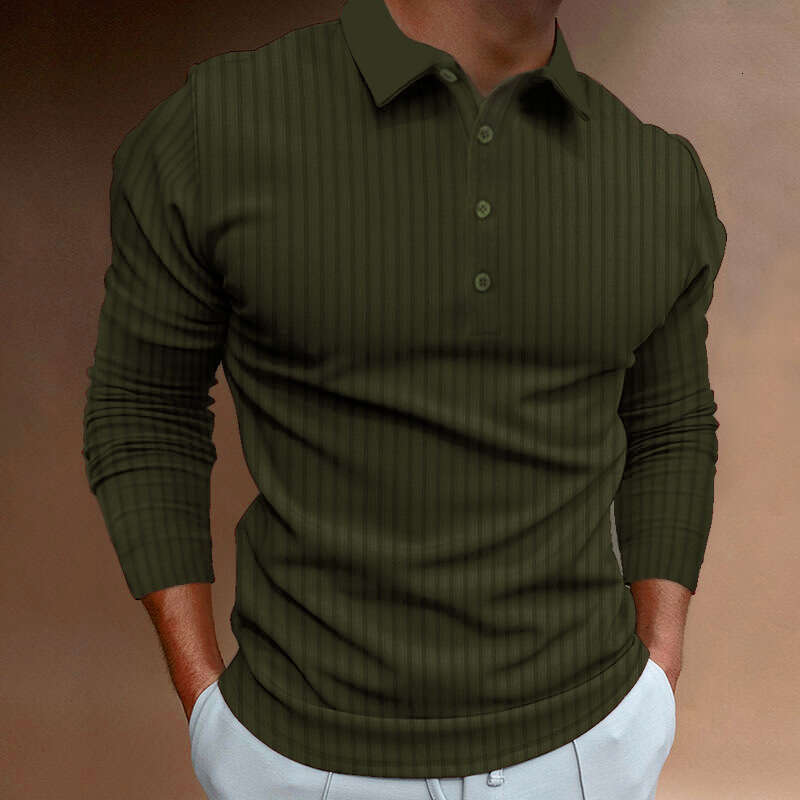 European and American Cross-Border Trade Men's Summer Sports Fitness Casual Turn-Down Collar Stretch Vertical Stripe Long Sleeve Polo Shirt for M