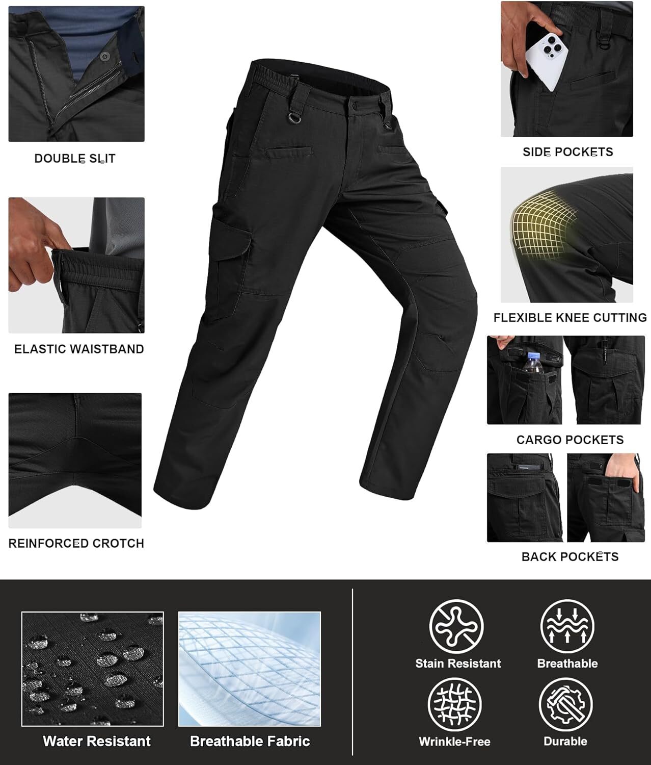 Men's Cargo Ripstop Water Resistant Hiking Work Outdoor Multi Pockets Army Tactical Pants Not Belt