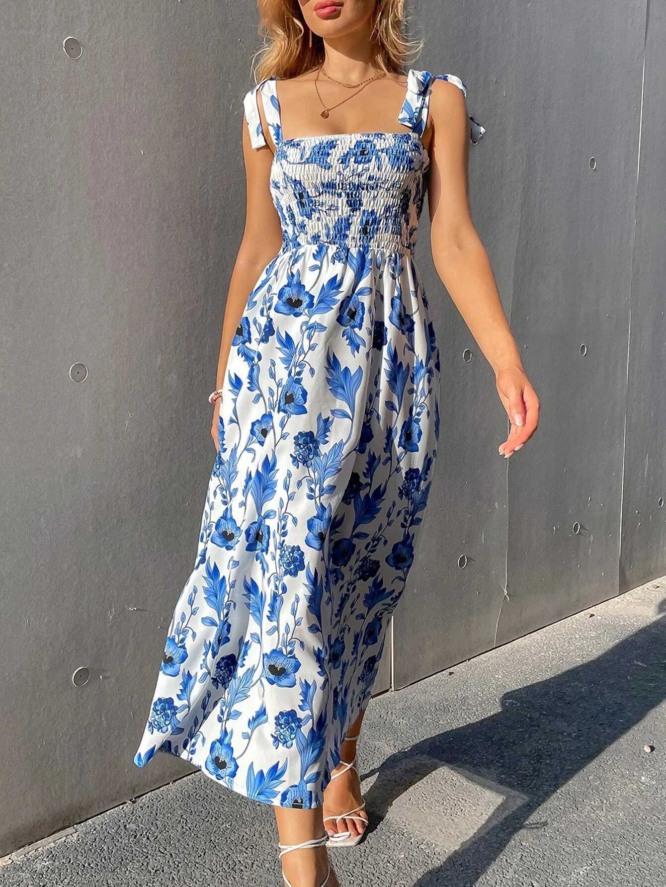 Elegant RomanceFloral Corset Dress with Knotted Straps Smocked Bodice Bodycon Party Guest Dress for Wedding Date Night X260306