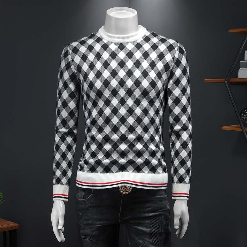 European Collection 2024 New Winter Men's Round Neck Plus Size Sweater Knitwear Thick Plaid Jacquard Base Shirt Trendy
