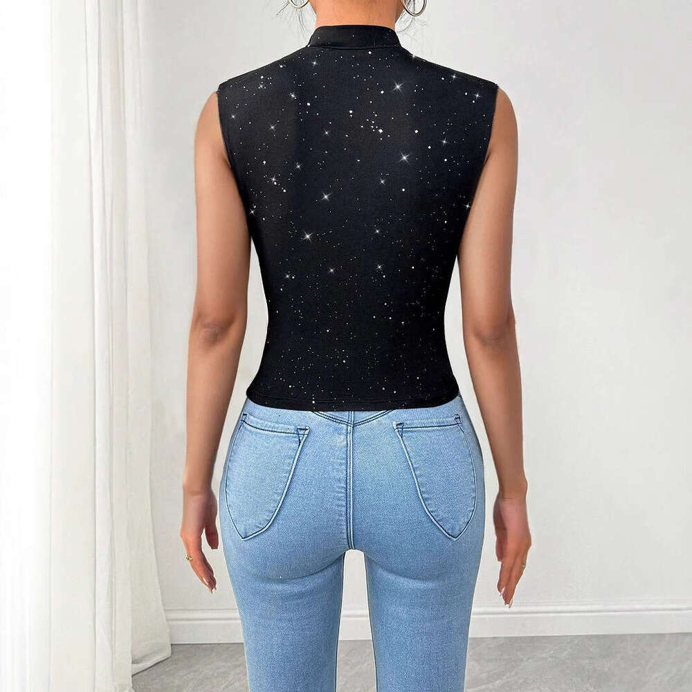 European and American cross-border independent website 2026 summer new women's V-neck sleeveless top with shiny sequin decoration