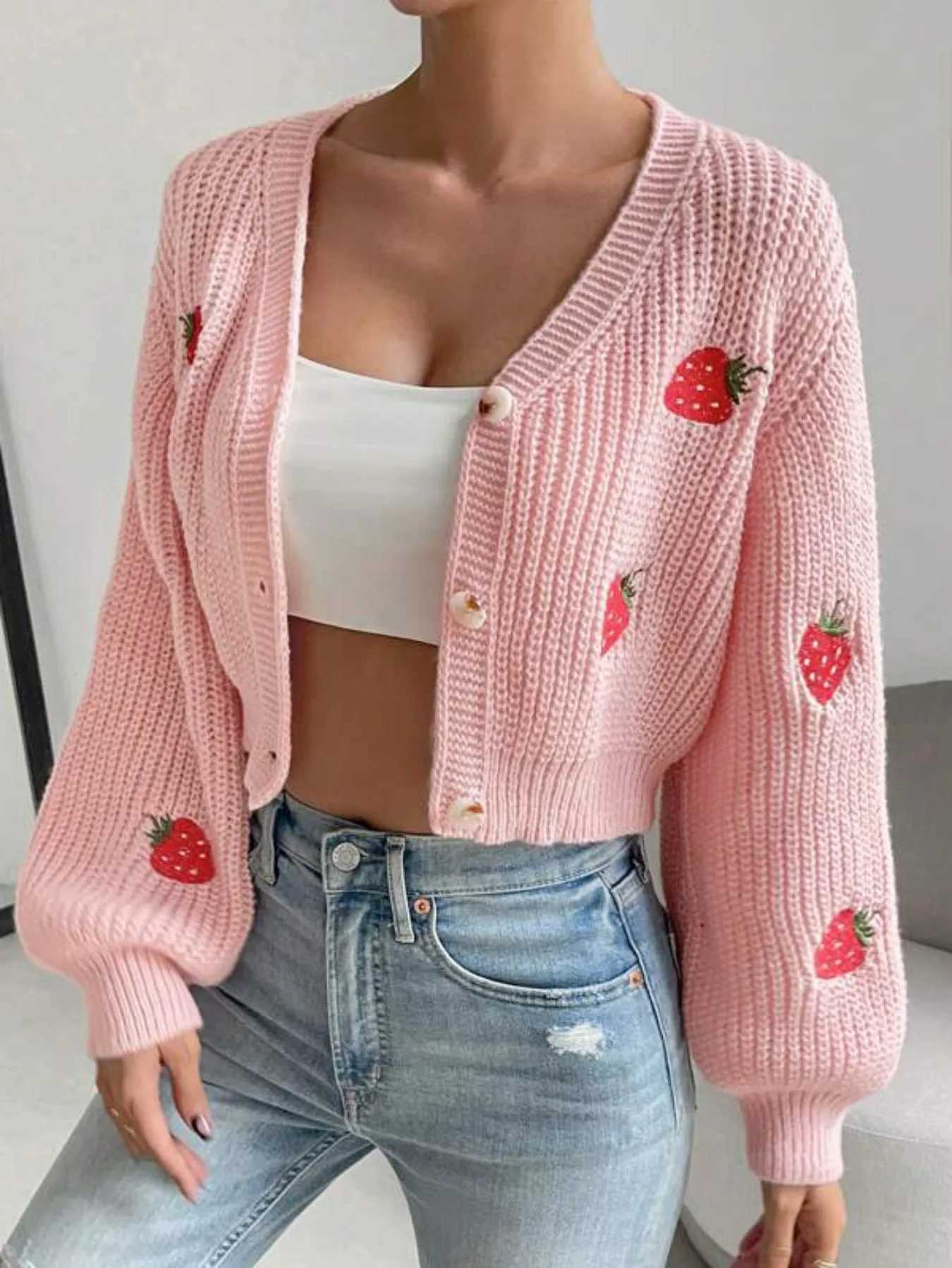 Womens Pink Strawberry Embroidered Button Front Crop Knit Cardigan Casual Long Sleeve Slim Fit Outerwear M260306