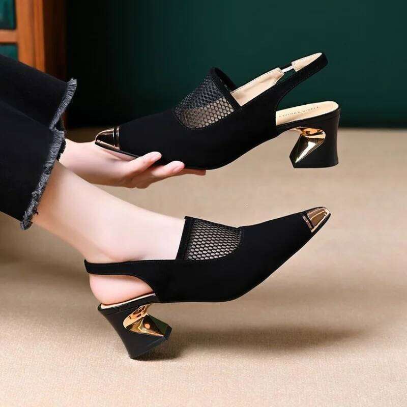 Women Cap Sandals Pointed Toe Backless 2026 Summer New Arrival Soft Leather Mid Block Heel Cutout Mesh Mom Shoes