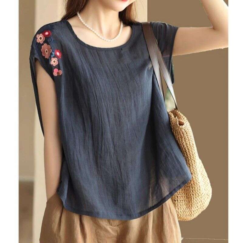 Chinese Style Embroidered Cotton Linen Short-sleeved T-shirt for Women's Summer New Style Thin Sleeveless Top