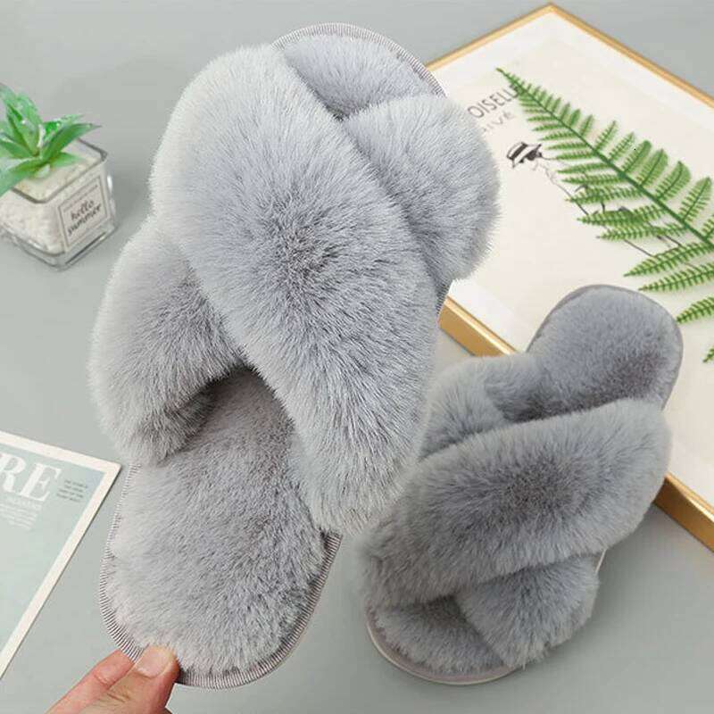 Litfun Winter Fuzzy Women's Non-slip Soft Sole Home Cozy Plush Lining Slides Flat Slip On Warm Outdoor Slippers