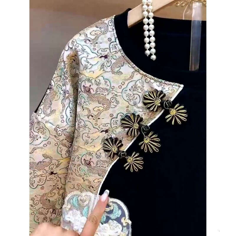 Summer Vintage O-neck Tops Ladies Patchwork Pullovers Women's Clothing Buttons Chinese Style Short Sleeve T-Shirts Chinese Style Age Reducing Fem