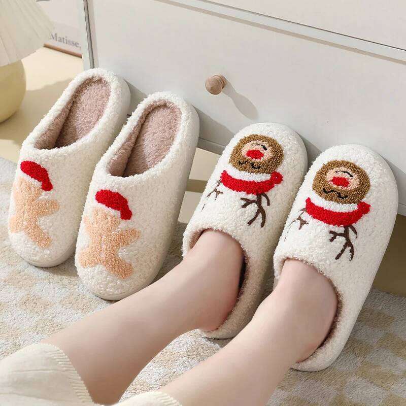 Litfun Christmas Women Cute Winter Fluffy Slippers Couple House Cotton Men Bedroom Soft Sole Flat Shoes for Gift