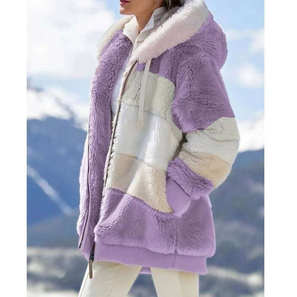 Winter Fashion Women's Coat 2025 Hooded Zipper Spliced Thick Cashmere Women Jacket Stitching Plaid Ladies Coats