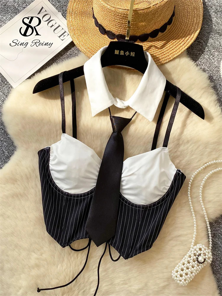 SINGREINY Club Sexy Camisole Female Lapel Neck Sleeveless Strap Backless sweet Top Streetwear Patchwork Striped Mini Tank Top 260306