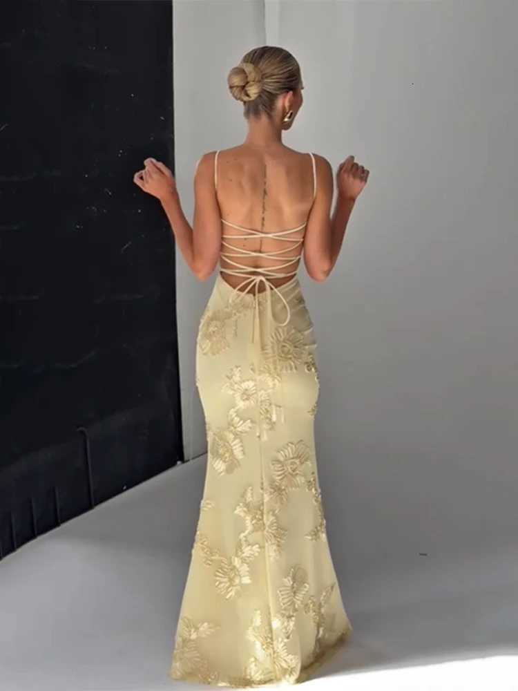 Pale Yellow Print Backless Bandage Dress Women Chic Sleeveless Off Shoulder High Waist Slim Fit Robes Lady Evening Party Gowns X260306