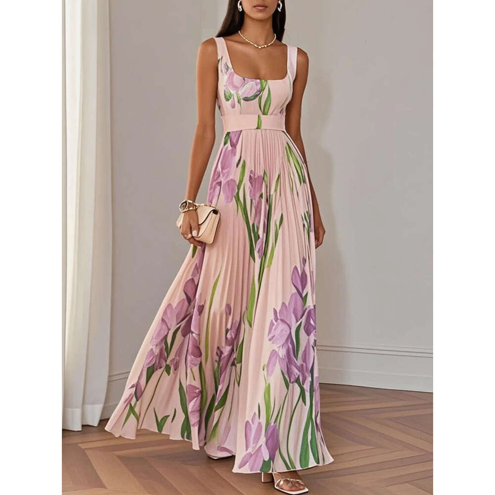 Women's Elegant Summer Maxi Dress Floral Digital Print Pleated Flowy Beach Vacation Party Dress 2026 New Fashion