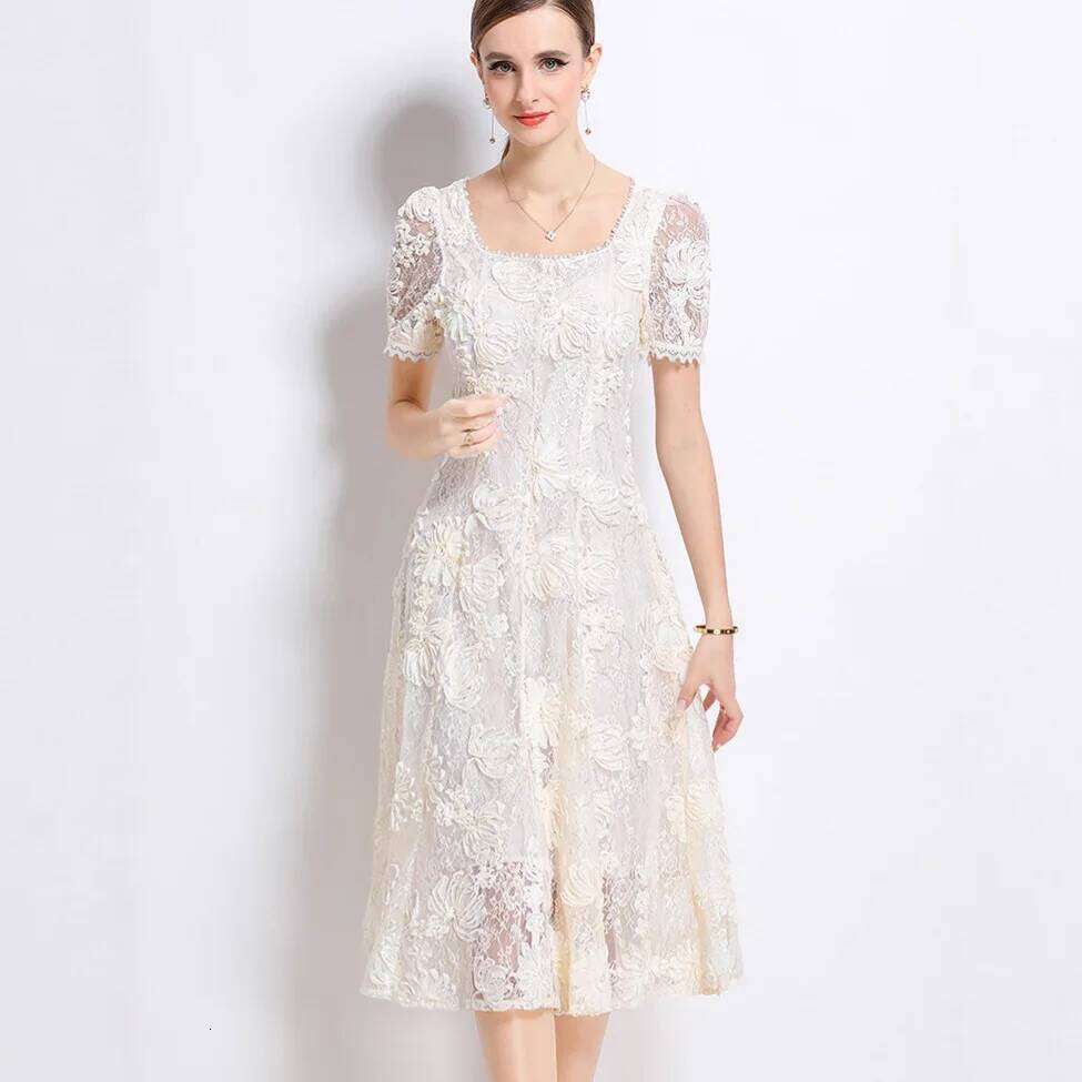 Sweet Luxury Formal Evening Long Dresses Women Short Sleeve 3D Flower Lace Embroidery Hollow Out Midi Dress Vestidos De Fiesta Mdng260306