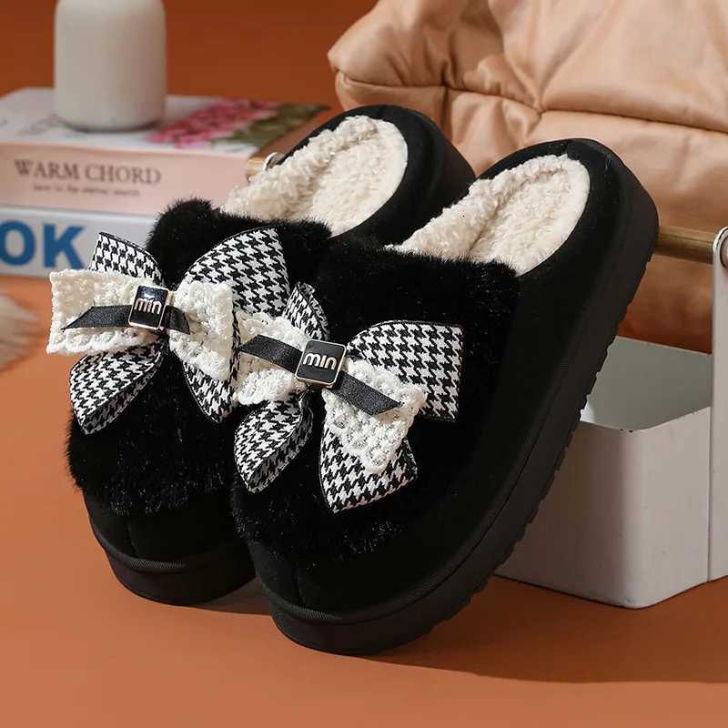Winter Warm Slippers for Women Cute bow House Non Slip Soft Shoes Comfort Flat Heel Home Indoor Bedroom Plush Slippers S260305