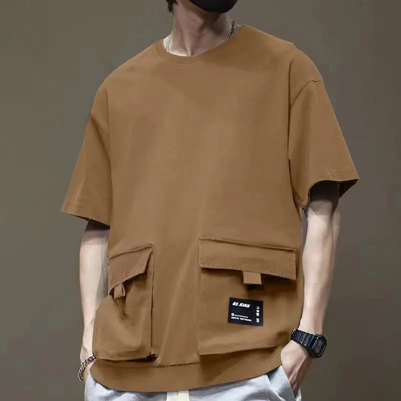 Men Cargo Short Sleeve Tshirt Cotton Round Collar Sports Pocket Running Tee High Street Dropped Shoulder Half TShirts 260302