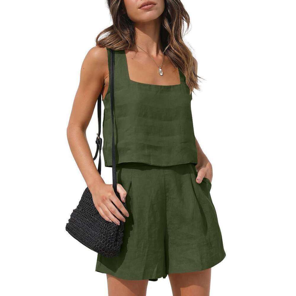 Amazon's new European American foreign trade women's 2-piece casual set includes linen shorts and a sleeveless top