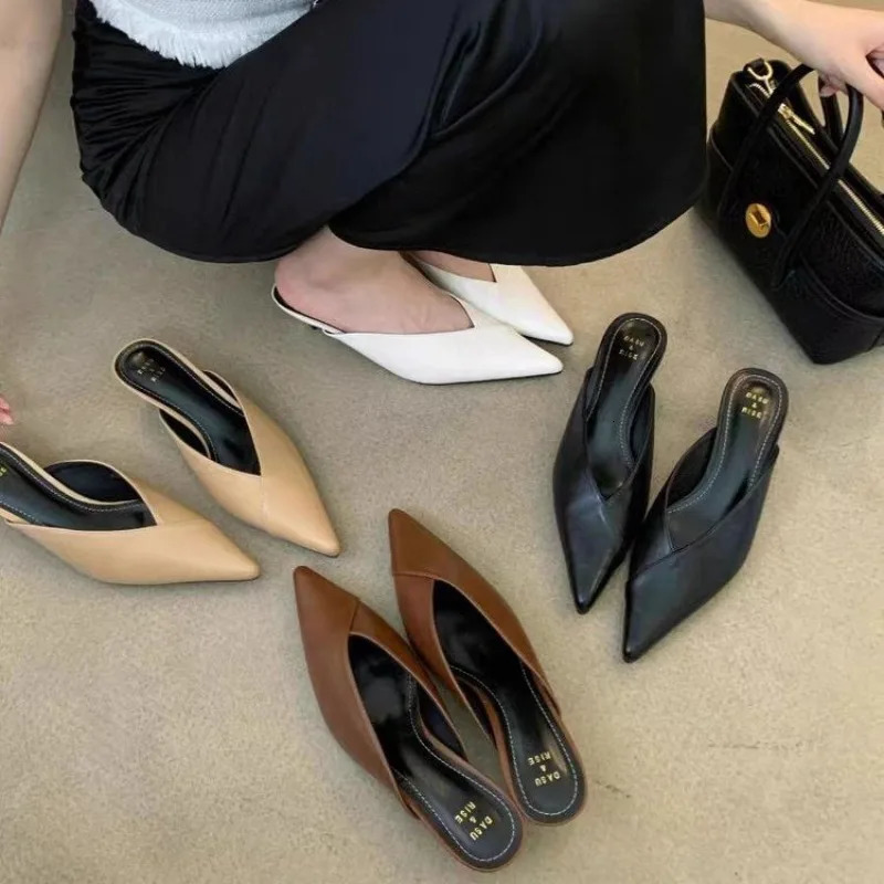 Pointed Slippers Women High Heels Summer Shoes Fashion Square Heel Slides Slip Loafers Mules Black Female Party Shoes 260303