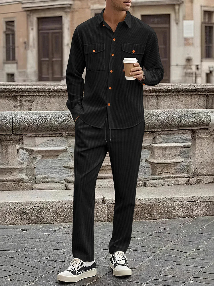 Cross border winter mens European and American corduroy casual suit workwear style long sleeved shirt long pants two-piece 260227