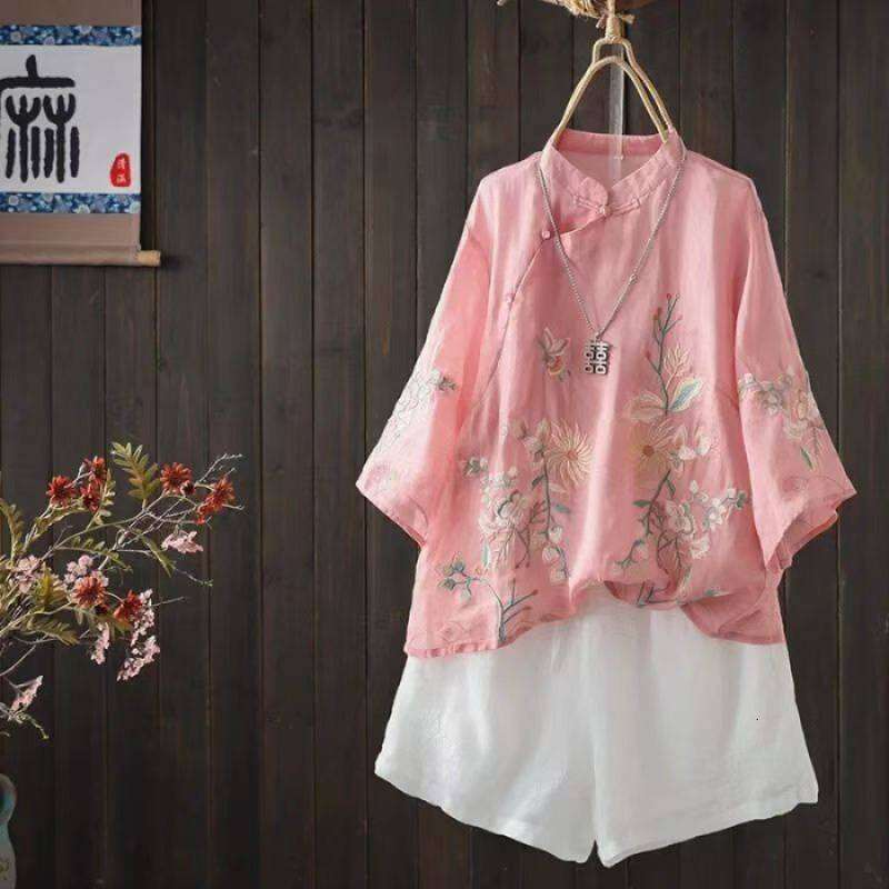 Mardi Hefxessdr Sve Embroidered Cotton Linen irt Thin Spring Autumn Women's Traditional Chinese Sle Zen Tea Ceremony Top Chinese style shirt wome