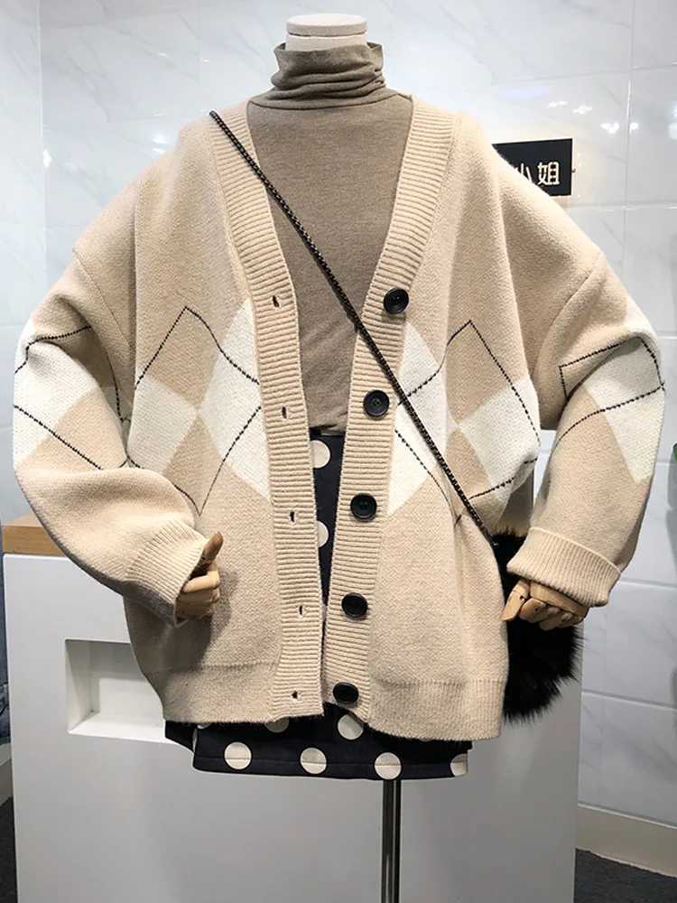 Winter Women Long Sleeve Geometric Cardigant Sweater Autumn Casual Loose Botton Knitted Coat Elegant Casual CloTHes M260306