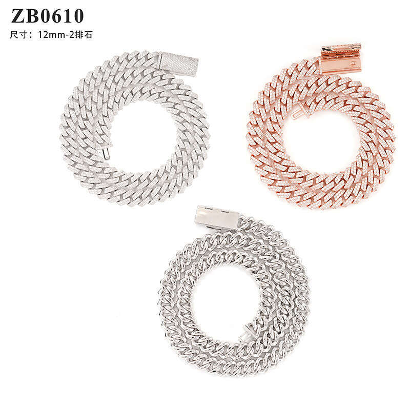 High-quality trendy Cuban chain 12mm double-row stone copper zirconia fully inlaid European and American fashion bracelet necklace accessory