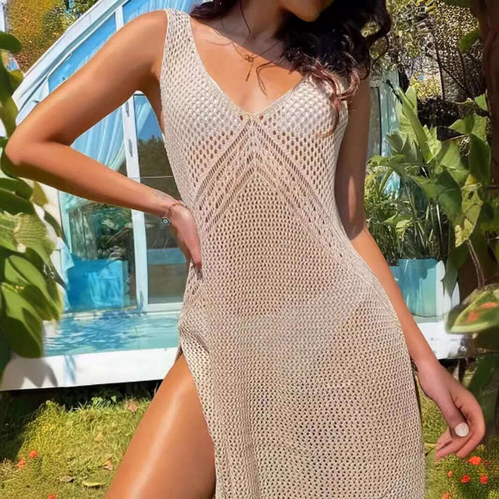 Foreign trade cross-border European American 2026 source manufacturer V-neck sleeveless solid color hollow-out dress for beach vacation spring and sum