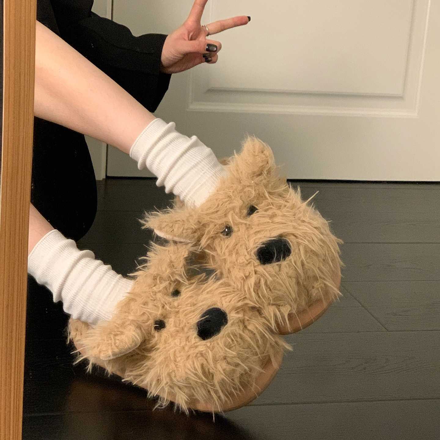 Versatile Scribbled Puppy Furry Slippers for Women Outdoor Wear 2025 Autumn Winter New Thick Sole Height Increasing Warm Closed-Toe Cotton Slippers S2