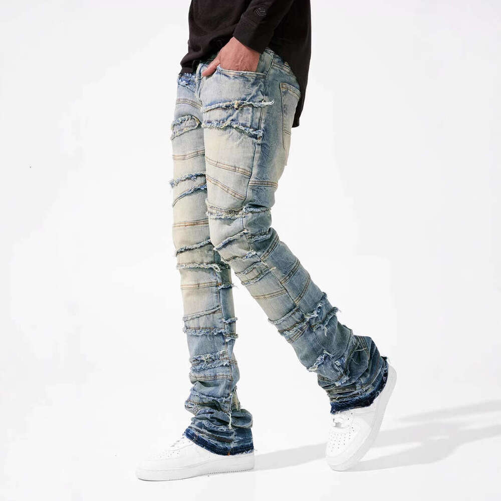 Cross-Border New Men's European and American Street Fashion Ins Hot Elastic Patch Denim Straight Pants