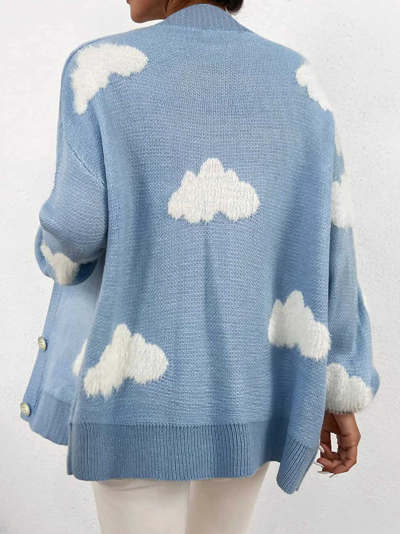 Womens sweater long sleeved cardigan white cloud jacquard medium long style for spring autumn and winter M260306